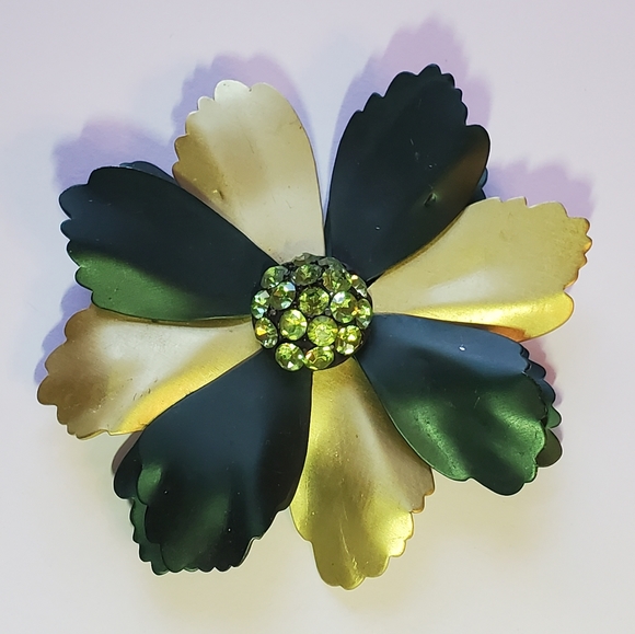 Vintage Metal Flower Rhinestone Brooch - Picture 1 of 17